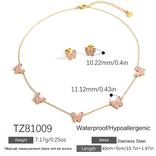 Colorful Oil Drop Butterfly Jewelry Set 18k Gold Plated Waterproof 304 Stainless Steel Vacuum Electroplated Necklace