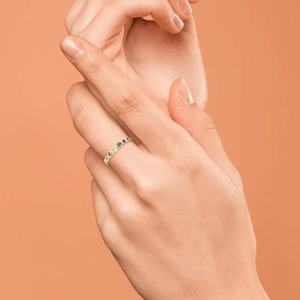 Elegant S925 Sterling Silver Ring For Women With Rainbow Zirconia Geometry Pattern Luxury Minimalist Round Ring Fine Band