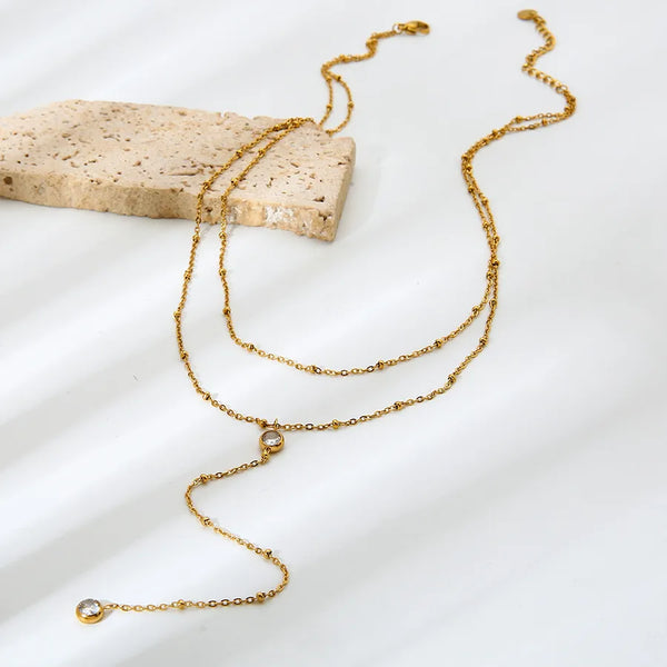 Double Layered Zirconia Long Tassel Necklace Ins Fashion Design Stainless Steel 18K Gold Plated Sweater Chain For Women