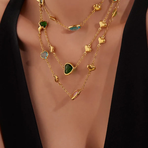 Facetted Glass Stone Heart Shaped Necklace Stainless Steel Plated 18K Gold Versatile Fashionable Jewelry Accessory For Women