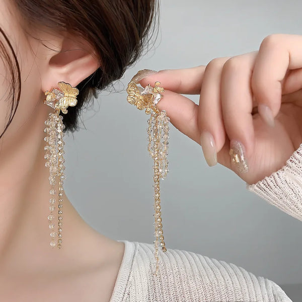 Elegant Long Tassel Butterfly Zircon Crystal Earrings Women's Fashion 18K Gold Plated Floral Design Dangle Studs Jewelry