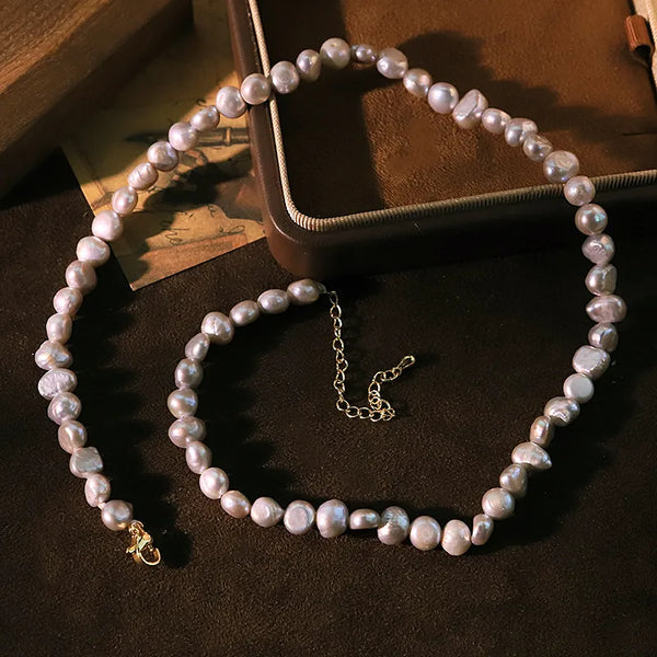 Colored Natural Pearl Necklace for Women French Style Neck Chain Clavicle Chain Jewelry 18K Gold Plated