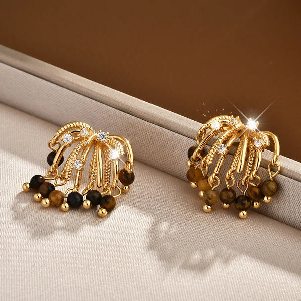 Handmade Irregular Stud Earrings for Women in Brass with Natural Stone, 18K Real Gold Plated Finish