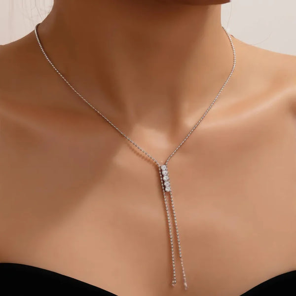 Unisex Geometric Tassel Necklace in Electroplated Titanium Steel with Zircon Inlay and Cuban Link Chain
