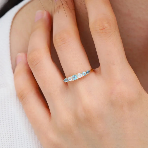 S925 Sterling Silver Ring For Women Geometric Pattern Full Embedding Cold Style Sea Blue Square Popular Fashion Ring
