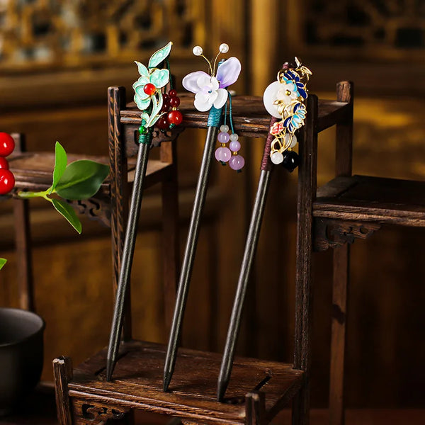 Imitation Ebony Retro Hairpin Jade Tassel Hairpin Cheongsam Hanfu Hair Accessory Women Bohemian Floral Print