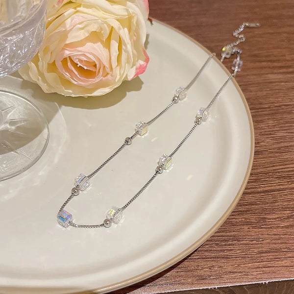 18K Gold Plated 304 Stainless Steel Vacuum Electroplated Artificial Crystal 3D Multi Pendant Box Chain Necklace for Women
