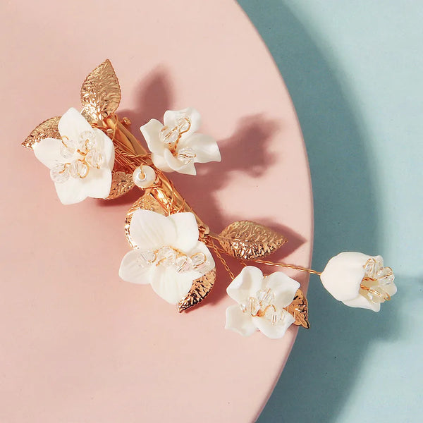 Wedding Hair Clip Chinese Style All-Match Bridal Headwear Resin White Flower Leaf Branch Side Clip Photography Hair Accessory