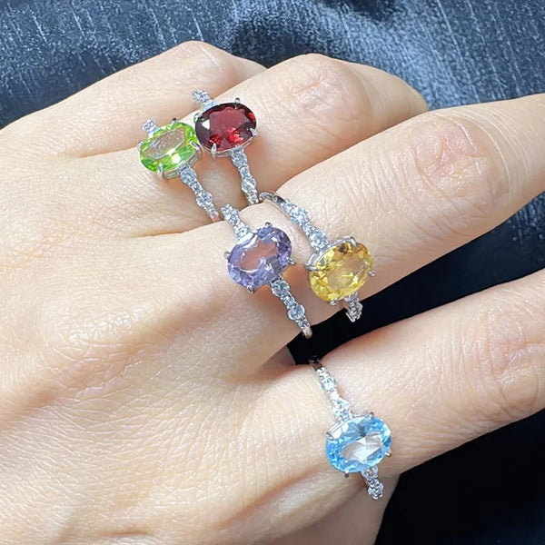 S925 Sterling Silver Natural Amethyst Purple Quartz Yellow Quartz Topaz Olive Stone Colorful Gemstone Ring For Women Elegant Geometric Pattern