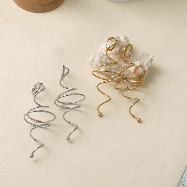 Long Metal Wavy Shape Women's Earrings Curve Stainless Steel Plated 18K Gold Spiral