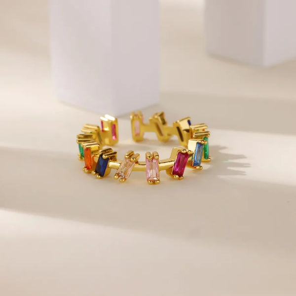 New 18K Gold Plated Colorful Zircon Ring For Women Open Heart Design Hip Hop Style Fashionable Jewelry Accessories