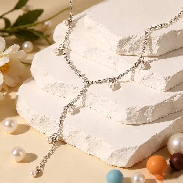 Round Tassel Y-Necklace for Women with Beaded Chain, 18K Gold Plated 304 Stainless Steel, PVD Coated, Imitation Pearl