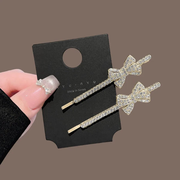 Bow Tie Hair Pin for Women in Gold Alloy with Rhinestone Inlay