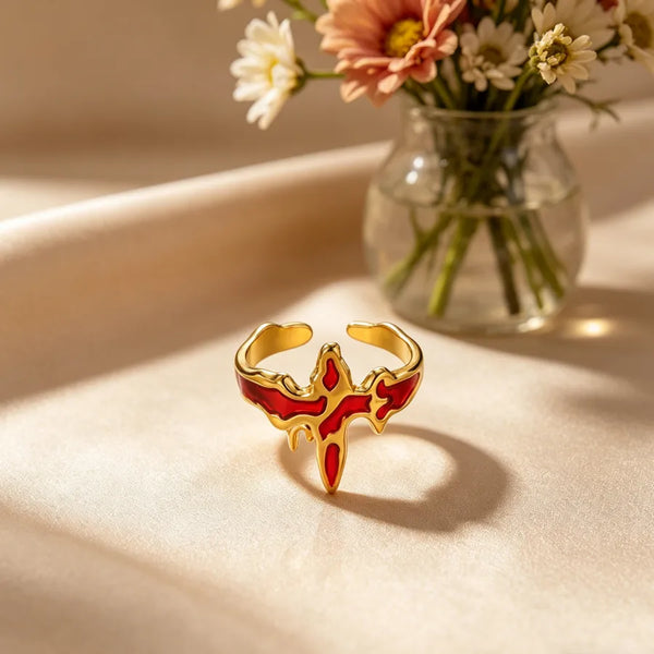Three-dimensional Cross Ring for Women in Copper with 18K Real Gold Plating and Zircon Inlay, Featuring Water Plating Process