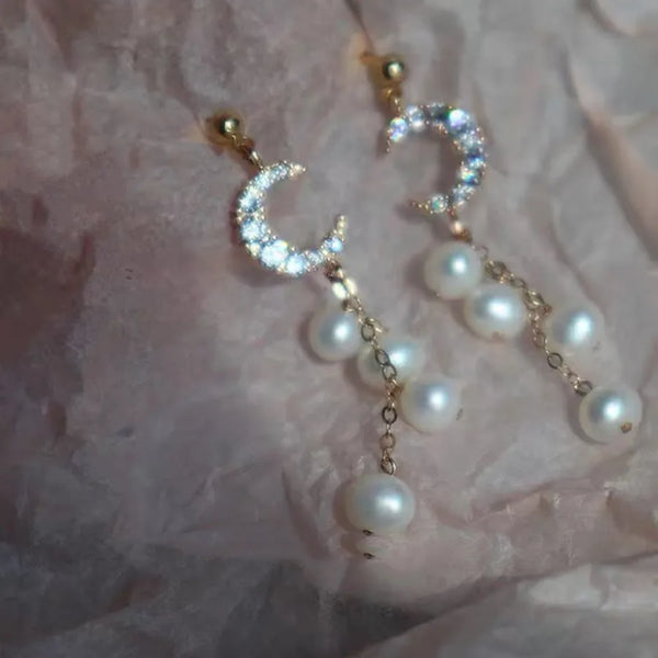 Natural Freshwater Pearl Long Pendant Earrings with Shiny Zircon 925 Silver Tassel  Women's Jewelry