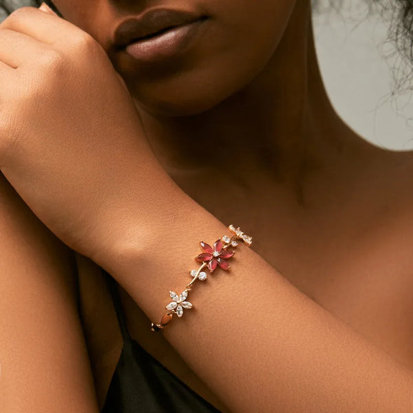 Elegant White Collar Bohemian Floral Copper Bracelet With Embedded Zirconia Stones Vintage Style Business Occasion Women's Accessory