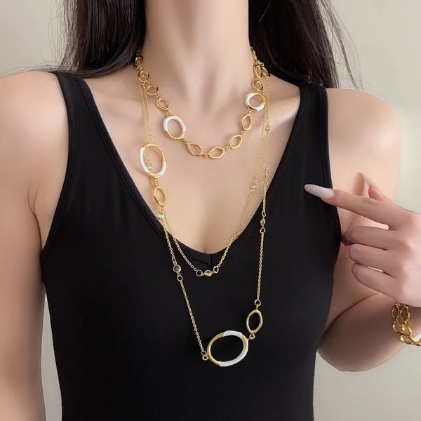 Round Enamel Sweater Chain Necklace for Women Featuring Zinc Alloy Pendant in White