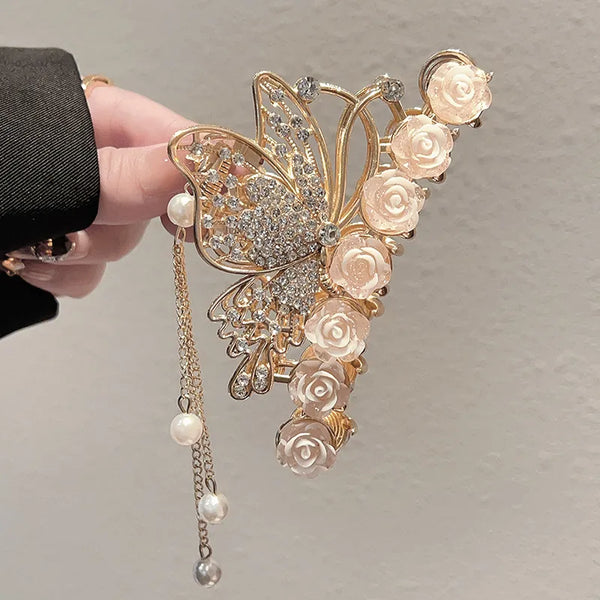 Large Shark Clip Pearl Tassel Hair Clip Women's Rose Butterfly Rhinestone Alloy Hair Accessories Seasonal