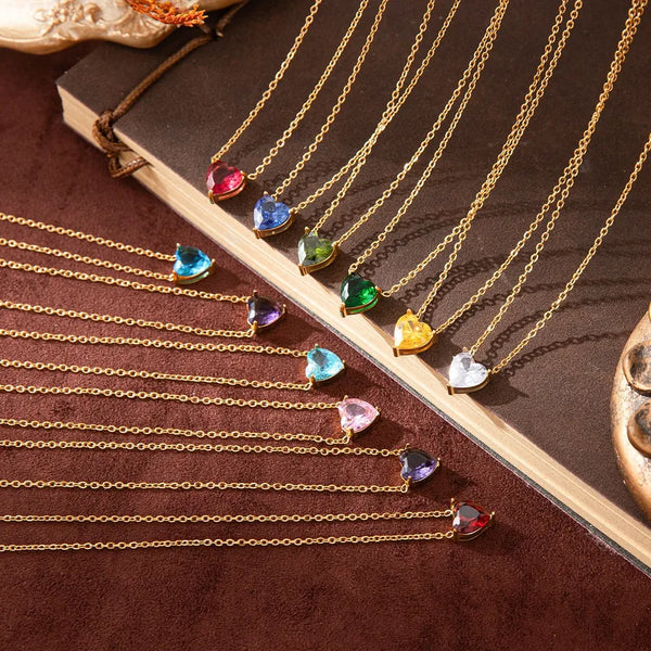 Stainless Steel Simple Style Heart-Shaped Zodiac Birthstone Necklace Suitable for Women to Wear on Birthdays or as a Birthday Gift for Sisters