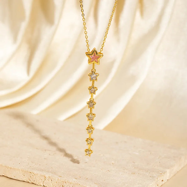 French Retro Long Geometric Pendant Necklace for Women, Multicolor Gemstone Heart and Star Design, Unique Jewelry Accessory