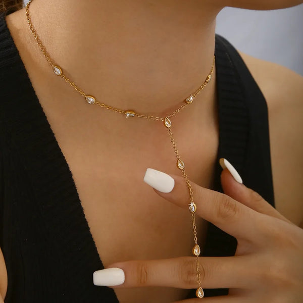 Geometric Y-Lariat Necklace for Women in 304 Stainless Steel with 18K Gold Plating and Zircon Inlay
