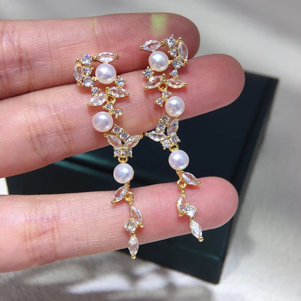 Natural Freshwater Pearl Earrings Women's Long Style Fashionable Zirconia Embedded Heavy Work Design Elegant Pearl Jewelry