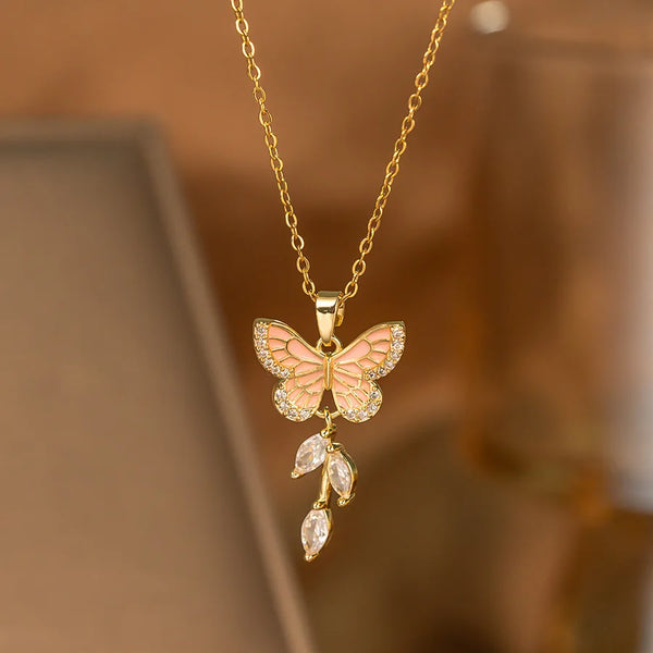 Rose Gold Butterfly Stainless Steel Necklace Ladies Tassel Design Blue Pink Gradient