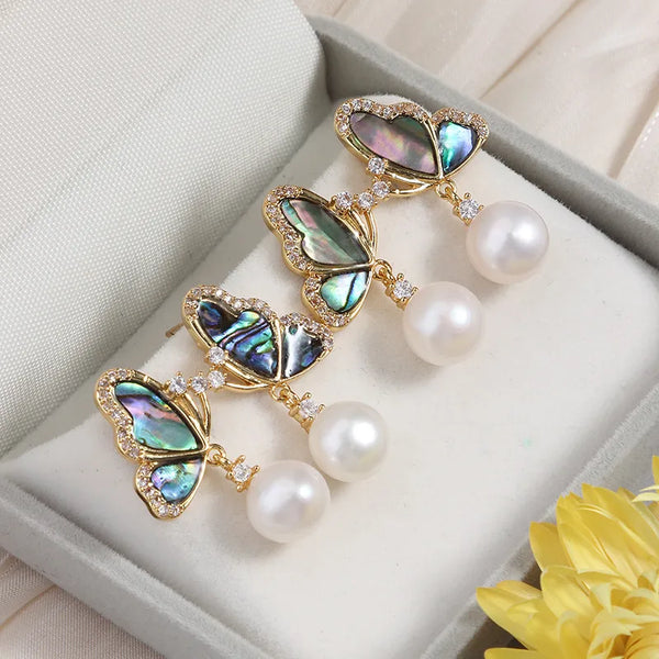 Sweet Butterfly Freshwater Pearl Earrings for Women in 925 Sterling Silver with Butterfly Backs