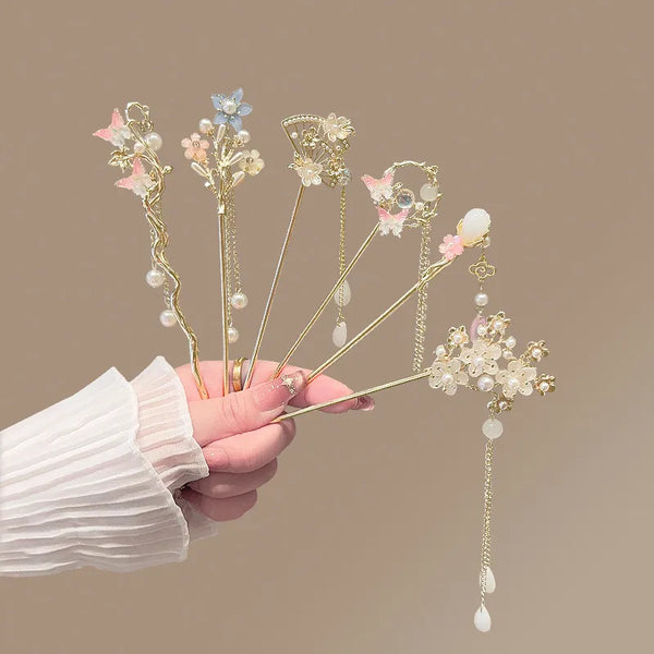 Modern Bohemian Style Tassel Hairpin Women's Qipao Hair Accessory Traditional Chinese Updo Hairpin Alloy Material Floral Print