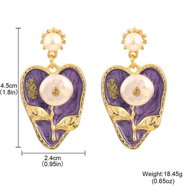 1 Pair Elegant Luxurious Artistic Red Heart Flower Enamel Inlay Copper Natural Pearl 18K Gold Plated Drop Earrings