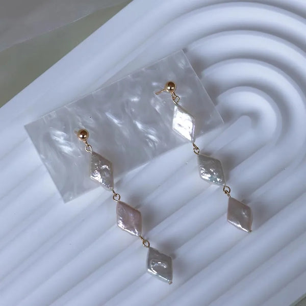 Natural Long Pearl Earrings Women's Jewelry Accessories Geometric Diamond Pendant
