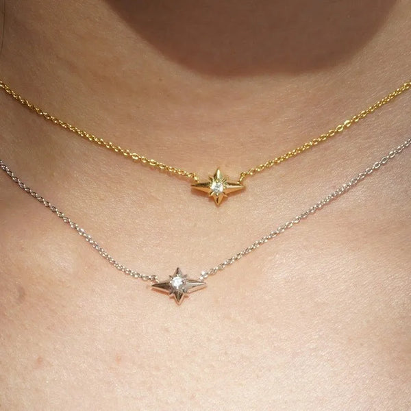 S925 Silver Plated 18K Gold Four-Pointed Star Pendant Necklace Zirconia Clavicle Chain Gentle And Elegant Basic Style Jewelry