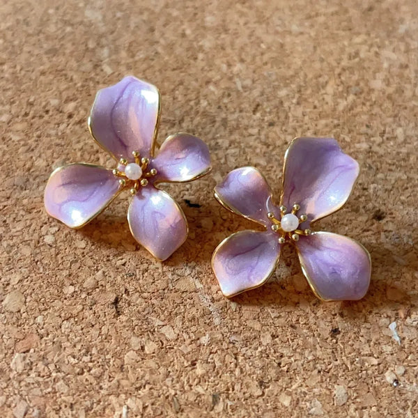 Fresh Purple Enamel Flower Earrings 925 Silver Needle Exquisite Ear Jewelry Elegant Floral Design Women's Fashion Accessories