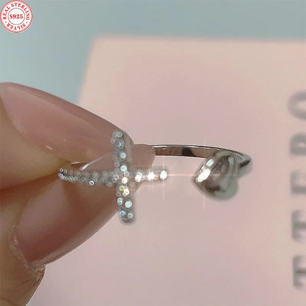 S925 Sterling Silver Cross Ring For Women With Embedded Zircon Heart Shaped Open Ring Geometric Pattern Personalized Jewelry