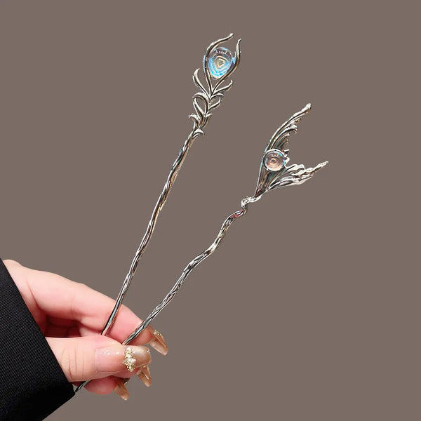 New Butterfly Moonstone Hair Clip for Women Liquid Metal Hair Accessory Vintage Style Silver Star