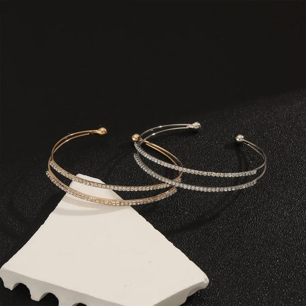 Handmade Lines Bangle for Women in Copper with Golden Plated Water Plating and Rhinestone Inlay