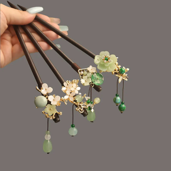 Black Ebony Hairpin Ancient Chinese Style Floral Hair Accessories Tassel Step Shake Hairpin Traditional Costume Hair Ornament