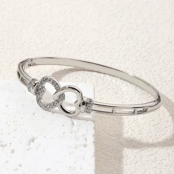 Hip-Hop Heart Shape Bangle For Women Featuring Copper Material with Rhinestones Inlay in Golden Color
