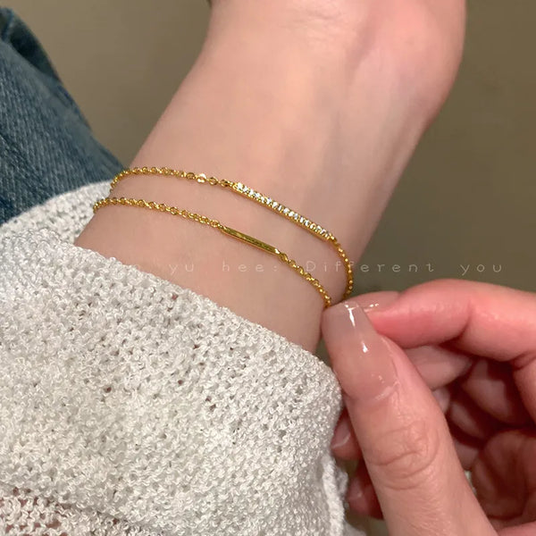 Double Layered S925 Silver Plated 14K Gold Women's Bracelet With Exquisite Zirconia Stones Minimalist Design Trendy Geometric Pattern