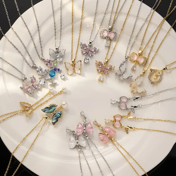 Butterfly Necklace for Women in Baroque Style with Tassel Craft, Titanium Steel and Rhinestones, Featuring Cable Chain