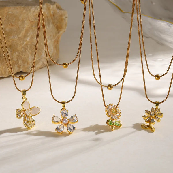 Electroplated Double Layer Flowers Necklace in 18K Real Gold Plated 304 Stainless Steel with Zircon and 0.03µm PVD Coated Snake Chain