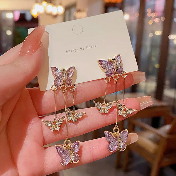 Super fairy purple butterfly dancing long tassel earrings romantic gentle earless ear clip and then we danced