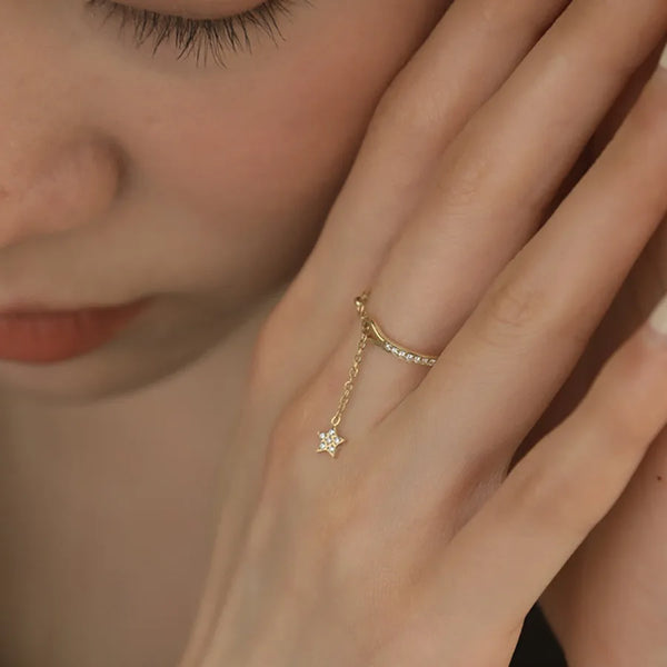 Adjustable New East Gate Star Zircon Ring Simple Elegant Design Versatile Copper Plated Real Gold Star Pattern Women's Ring