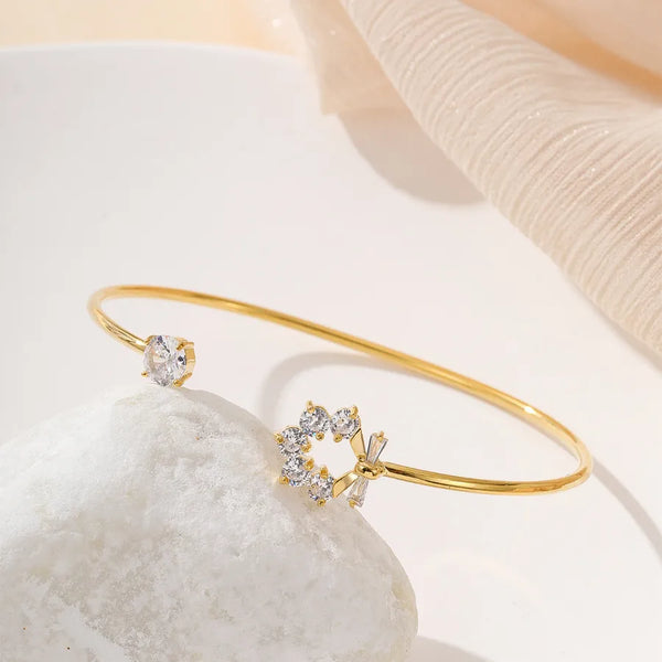 Women’s Copper Bangle with Zircon Inlay Featuring Flowers Pattern in Gold