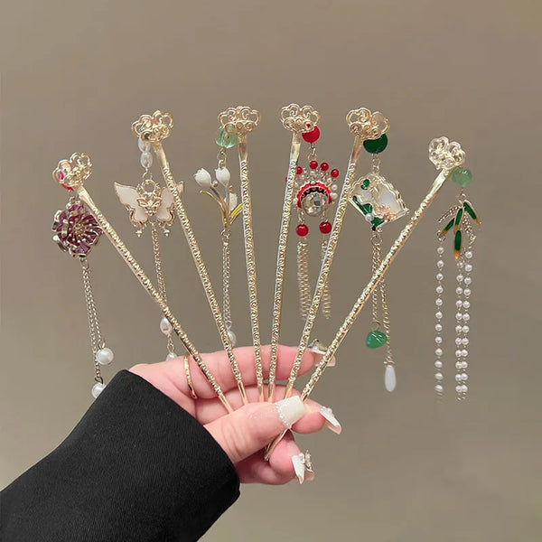 Bohemian Print Alloy Hairpin Traditional Chinese Style Women's Hair Accessories Flowing Tassel Hairpin For Modern Hairstyling