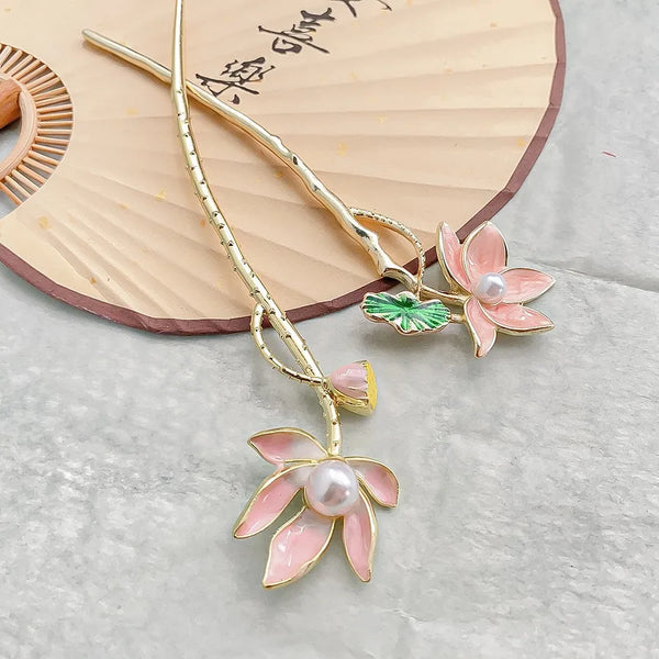 Elegant Chinese Style Lotus Pearl Metal Hairpin Princess Chic Office Casual Summer Floral Hair Accessories For Women
