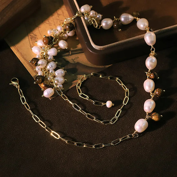 Original Natural Pearl Tiger Eye Stone Plated 18K Real Gold Chain Necklace Neck Chain Clavicle Chain