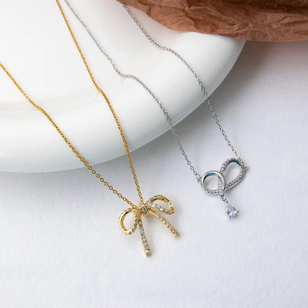 Titanium Steel Bow Necklace for Women Heart-shaped Tassel Collarbone Chain Jewelry