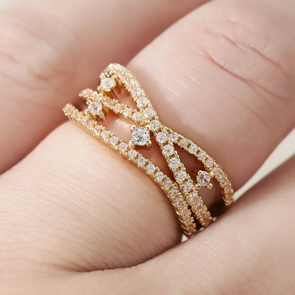 Geometric Copper Ring for Women with Electroplated Gold Plating and Zircon Inlay