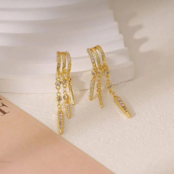 Elegant Fringe Tassel Diamond Embedded Willow Nail Hoops Fashionable Personality Versatile Earrings For Women Geometric Pattern Copper Zircon